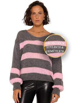 SASSYCLASSY Streifen Strickpullover Damen Oversize - Madie in Italy - grobmaschig V Ausschnitt Pulli Damen Herbst - Strickpulli Damenpullover Langarm - Strick Pullover Grobstrickpullover von SASSYCLASSY