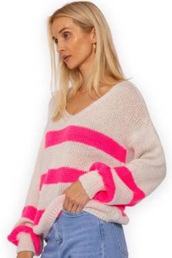 SASSYCLASSY Streifen Strickpullover Damen Oversize - Madie in Italy - grobmaschig V Ausschnitt Pulli Damen Herbst - Strickpulli Damenpullover Langarm - Strick Pullover Grobstrickpullover von SASSYCLASSY