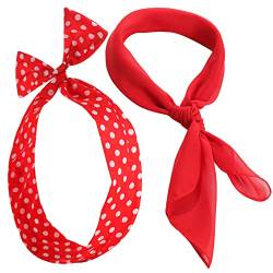 2 Stück 50er Jahre Kostüm Set Damen Quadratisch Chiffon Halstuch Polka Punkt Stirnband Haarband Halloween Retro Bandana (Rot) von SATINIOR