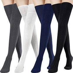 4 Paar Damen Strick Oberschenkelhohe Socken über dem Knie Weiches Material Socken Beinwärmer, Schwarz, Marineblau, Dunkelgrau, Beige, Large von SATINIOR