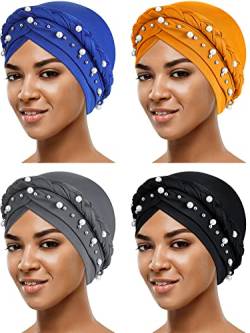 4 Stück afrikanische Frauen Turban Cap Perlen Kopftuch Beanie Twisted Braid Wrap Hat Kunstperlen Kopfbedeckung, Schwarz, Grau, Gelb, Königsblau, Medium von SATINIOR