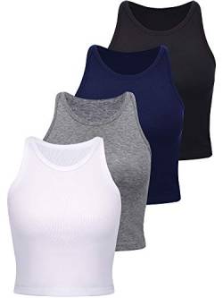 4 Stücke Basic Crop Tank Tops Damen Ärmellose Racerback Crop Tops Baumwolle Sport Crop Tops für Damen Täglich Tragen (Schwarz, Dunkelgrau, Marineblau, Weiß, L) von SATINIOR