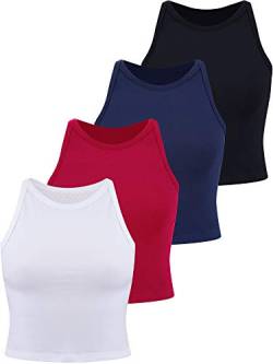 4 Stücke Basic Crop Tank Tops Damen Ärmellose Racerback Crop Tops Baumwolle Sport Crop Tops für Damen Täglich Tragen (Schwarz, Marineblau, Weinrot, Weiß, L) von SATINIOR