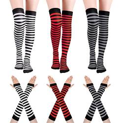 6 Paar Damen Gestreifte Kniestrümpfe Gestreifte Oberschenkelhohe Socken Armwärmer Fingerlose Handschuhe für Halloween Party, Stilvolle Farbe., Medium von SATINIOR