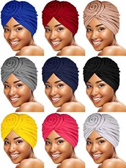 9 Stück Frauen Geknoteter Turban Hut Turban Afrikanischer Baumwolle Mütze Vorgebundene Haube Kappe Kopfwickel von SATINIOR