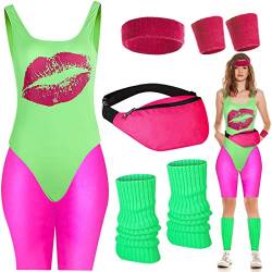 Damen 80er Jahre Kostüme Set Neon Lippen Gedruckt Bodysuits Yoga Shorts Hosen mit Wadenabdeckung Bauchtasche für 80er Jahre Party Sport Yoga, Fluoreszierendes Grün, Rosenrot, Rosa, XX-Large von SATINIOR