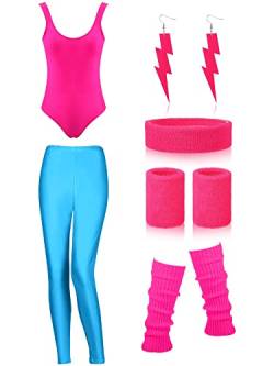 Damen 80er Jahre Workout Kostüm Outfit Zubehör Set Leggings Stirnband Armbänder Beinwärmer Ohrringe für Party Sport (Rose Rot, Fluoreszierendes Blau, Groß) von SATINIOR