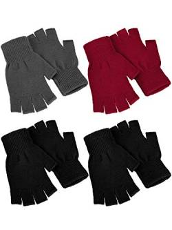 Halbfingerhandschuhe für den Winter, gestrickte fingerlose Fäustlinge, warme dehnbare Handschuhe für Herren und Damen, 4 Paar., Schwarz, Marineblau, Rot, Medium von SATINIOR