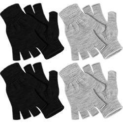 Halbfingerhandschuhe für den Winter, gestrickte fingerlose Fäustlinge, warme dehnbare Handschuhe für Herren und Damen, 4 Paar., schwarz, grau, Medium von SATINIOR