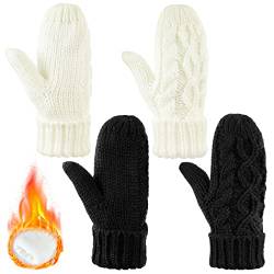 SATINIOR 2 Paar Damen Fäustlinge Dicke Warme Winter Vollfinger Strickhandschuhe Flauschige Fausthandschuhe (Weiß, Schwarz, Einfach) von SATINIOR