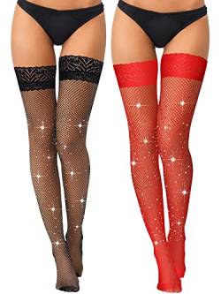 SATINIOR 2 Paar Damen Spitze Strass Netzstrümpfe Glitzer Halterlose Strümpfe Dehnbare Fischnetz Strümpfe (Schwarz, Rot, M) von SATINIOR