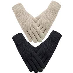 SATINIOR 2 Paar Damen Winterhandschuhe Gestrickte Touchscreen Finger Doppelschichtige Elastische Handschuhe (Schwarz, Khaki) von SATINIOR