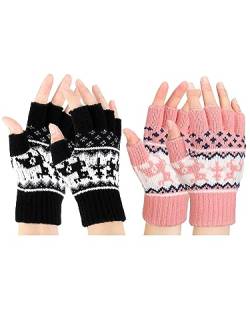 SATINIOR 2 Paar Fingerlose Handschuhe Damen Thermo Fingerlos Fäustlinge Winter Dehnbar Halbfinger Strickhandschuhe (Schwarz, Rosa) von SATINIOR