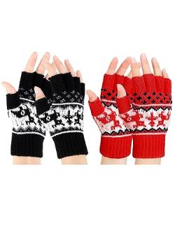 SATINIOR 2 Paar Fingerlose Handschuhe Damen Thermo Fingerlos Fäustlinge Winter Dehnbar Halbfinger Strickhandschuhe (Schwarz, Rot) von SATINIOR
