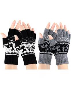 SATINIOR 2 Paar Halbfinger Handschuhe Damen Fingerlos Fäustlinge Winddicht Winter Warme Fingerlos Strickhandschuhe (Schwarz und Grau) von SATINIOR