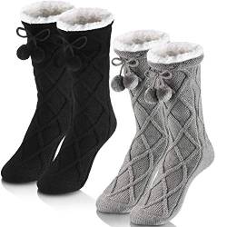 SATINIOR 2 Paar Slipper Socken mit Fleece Gefüttert Damen Winter Unscharf Hoch Socken mit Pompon (Schwarz, Hellgrau) von SATINIOR