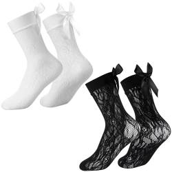 SATINIOR 2 Paar Söckchen mit Schleife Spitze Fischnetz Socken Baumwolle Damen Knöchelsocken mit Schleifen, Schwarz, Weiß von SATINIOR