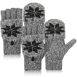 SATINIOR 2 Paar Wandelbare Damen Fingerlose Handschuhe Gestrickte Thermo Halbfinger Fäustlinge mit Schneeflocken (Schwarz) von SATINIOR