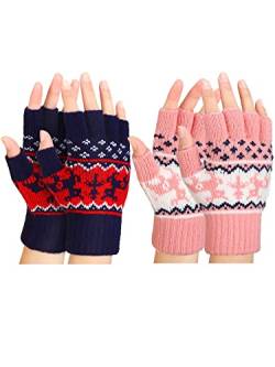 SATINIOR 2 Paar Winter Fingerlose Handschuhe Damen Thermo Fingerlos Fäustlinge Warm Halbfinger Strickhandschuhe (Schwarz und Rot) von SATINIOR