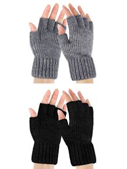 SATINIOR 2 Paar Winter Fingerlose Handschuhe Thermo Halbfinger Strickhandschuhe für Herren Outdoor (Schwarz, Hellgrau) von SATINIOR