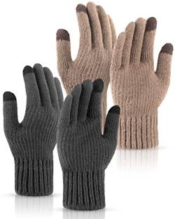 SATINIOR 2 Paar Winter Warme Touchscreen Handschuhe Winddicht Thermo Strickhandschuhe für Damen Herren Fahrrad (Dunkelgrau, Khaki) von SATINIOR