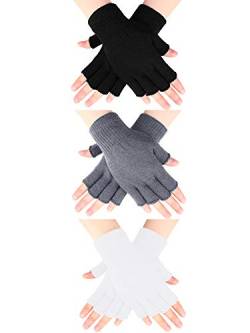 SATINIOR 3 Paar Halbfinger Handschuhe Winter Fingerlose Handschuhe Strick Handschuhe für Männer Frauen (Schwarz, Hellgrau, Weiß) von SATINIOR