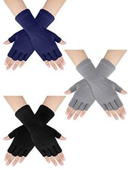 SATINIOR 3 Paar Unisex Gestrickte Fingerlose Handschuhe Damen Herren Thermo Halbfinger Strickhandschuhe (Schwarz, Hellgrau, Marineblau) von SATINIOR