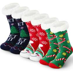 SATINIOR 3 Paar Weihnachten Hausschuhe Socken Flauschige Weihnachtssocken Damen Rutschfeste Fleece Haussocken (Klassisch) von SATINIOR
