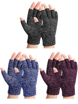 SATINIOR 3 Paar Winter Fingerlose Handschuhe Gestrickt Halbfinger Handschuhe für Herren Damen (Schwarzgrau, Marineblau, Schwarz Rot) von SATINIOR