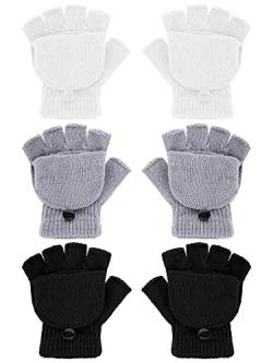 SATINIOR 3 Paar Winter Fingerlose Handschuhe für Kinder Warme Handschuhe mit Klappe Halbfinger Fäustlinge (Schwarz, Weiß, Dunkelgrau) von SATINIOR