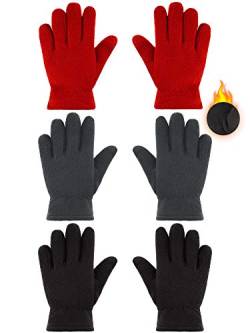 SATINIOR 3 Paare Kinder Vlies Handschuhe Volle Finger Handschuhe Winter Weiche Warme Handschuhe für Jungen Mädchen Outdoor Aktivitäten (Schwarz, Grau, Rot, 8-12 Jahre) von SATINIOR