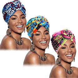 SATINIOR 3 Stücke Afrikanischen Turban für Damen Knoten Pre-Gebunden Motorhaube Hut Kopfbedeckung (Blaugrün Rosa Geometrie) von SATINIOR
