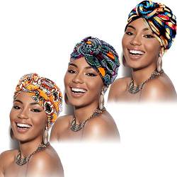 SATINIOR 3 Stücke Afrikanischen Turban für Damen Knoten Pre-Gebunden Motorhaube Hut Kopfbedeckung (Gelbe Blume, Schwarze Blume, Lila Blume) von SATINIOR