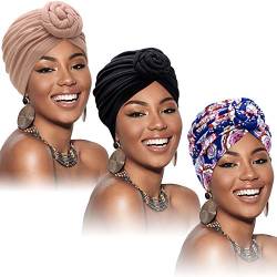 SATINIOR 3 Stücke Afrikanischen Turban für Damen Knoten Pre-Gebunden Motorhaube Hut Kopfbedeckung (Schwarze, Blaue Blume, Khaki) von SATINIOR