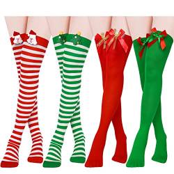 SATINIOR 4 Paar Weihnachten Oberschenkel Hohe Socken Gestreifte Overknee Strümpfe Rot und Weiß Halloween Cosplay Socken für Frauen, Einfacher Stil, Medium von SATINIOR
