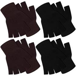 SATINIOR 4 Paar Winter Halbfinger Handschuhe Gestrickte Fingerlose Fäustlinge Warme Dehnbare Handschuhe für Damen und Herren, Schwarz, Braun, Medium von SATINIOR