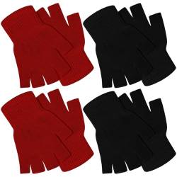 SATINIOR 4 Paar Winter Halbfinger Handschuhe Gestrickte Fingerlose Fäustlinge Warme Dehnbare Handschuhe für Damen und Herren, rot, schwarz, Medium von SATINIOR