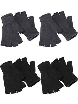 SATINIOR 4 Paar Winter Halbfinger Handschuhe Gestrickte Fingerlose Fäustlinge Warme Dehnbare Handschuhe für Damen und Herren, schwarz, grau, Medium von SATINIOR