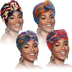SATINIOR 4 Stück Afrikanische Muster Kopfbedeckung Pre-Gebunden Motorhaube Turban Knoten Mütze Deckel Hut von SATINIOR