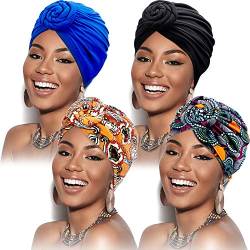 SATINIOR 4 Stück Afrikanisches Muster Headwrap Vorgebundene Haube Turban Knot Beanie Kopf Hat (Reine Schwarz Blaue, Gelb Lila Blume) von SATINIOR