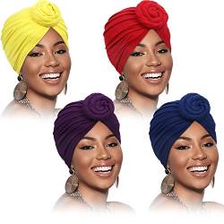 SATINIOR 4 Stück Afrikanisches Muster Kopfbedeckung Vorgebundene Haube Turban Knoten Mütze Kappe Hut (Rein Lila Gelb Rot) von SATINIOR