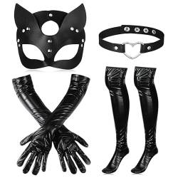 SATINIOR 4 Stück Mardi Gras Damen Katze Kostüm Set Masquerade Halbes Gesicht Katzenmaske aus PU Leder Halsband Lange Lackleder Handschuhe Kniestrümpfe für Cosplay Karneval Halloween Party, Schwarz von SATINIOR