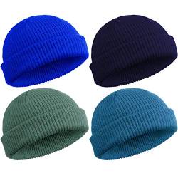 SATINIOR 4 Stück Trawler Beanie Watch Hat Roll Up Edge Skullcap Fisherman Beanie Unisex, Seeblau, Grüngrau, Marineblau, Königsblau von SATINIOR