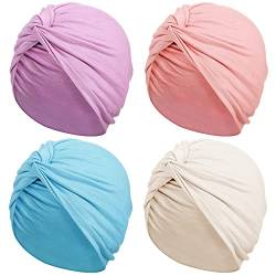 SATINIOR 4 Stück Turban-Mütze für Damen, weich, vorgebunden, modisch, plissiert, Turban-Mütze, Kopfbedeckung, Schlafmütze, 4 Farben, Blau, Lila, Rosa, Weiß, Medium von SATINIOR