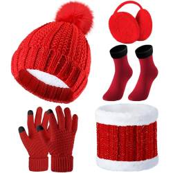 SATINIOR 5 Stück Damen Winter Ski Ausflug Set Strickmütze Schal Handschuhe Ohrenschützer Strümpfe (Rot) von SATINIOR