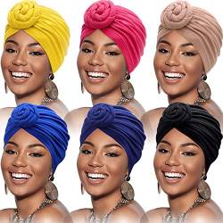 SATINIOR 6 Stück Damen Afrikanisch Kopfbedeckung Turban Blume Knoten Vorgebundene Motorhaube Mütze Kappe Kopfwickel (Schwarz, Königsblau, Rosig, Kamel, Marine, Gelb) von SATINIOR