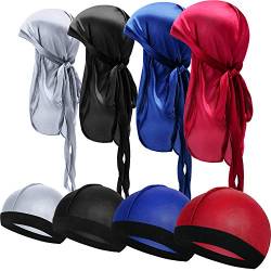 SATINIOR 8 Stücke Seidige Durag Kappen Elastische Wellenkappe Langen Schwanz Headwraps Breite Trägerwellen (Rot, Grau, Schwarz, Königsblau) von SATINIOR