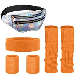 SATINIOR 80er-Jahre-Damen-Beinwärmer-Set, holografische Bauchtasche, gestrickt, Beinwärmer, Stirnband, Armbänder für Yoga, Laufen, Wandern, orange, silber, Einheitsgröße von SATINIOR