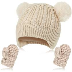 SATINIOR Baby Wintermütze und Handschuhe Baby Bommelmütze mit Ohrenklappe Warm Fäustlinge für 12-24 Monate Kleinkind (Beige) von SATINIOR