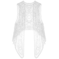 SATINIOR Boho Hippie Häkeln Weste Offene Hohl Spitze Drapiert Hippie Weste Cardigan Damen Irregular Ärmellos Weste (Weiß) von SATINIOR